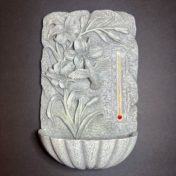 Outdoor Grey Resin Floral Hummingbird Hanging Thermometer & Bird Bath / Feeder - Picture 1 of 6